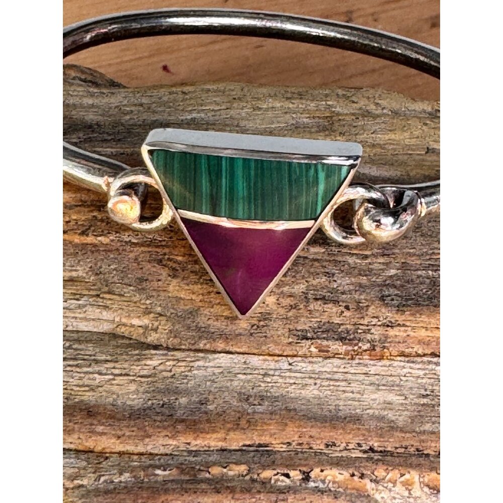 Sterling Silver Triangle Bangle Hinged Bracelet With Malachite Sugilite Inlay - Picture 2 of 8